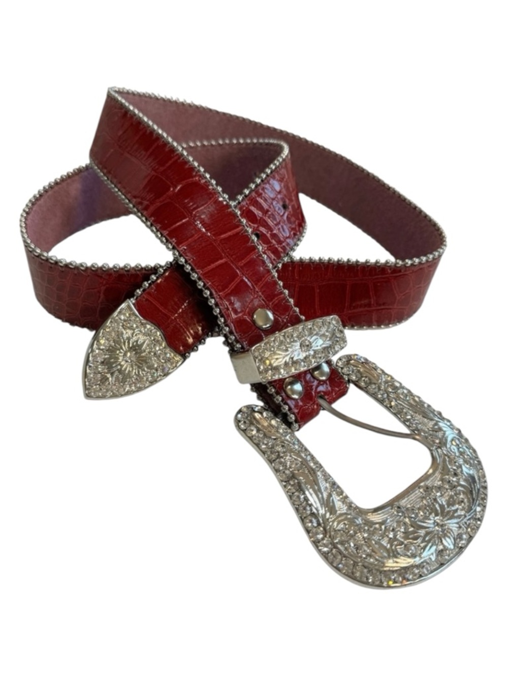 Croc Embossed Genuine Leather Silver and Red Floral Studded Rhinestone Belt